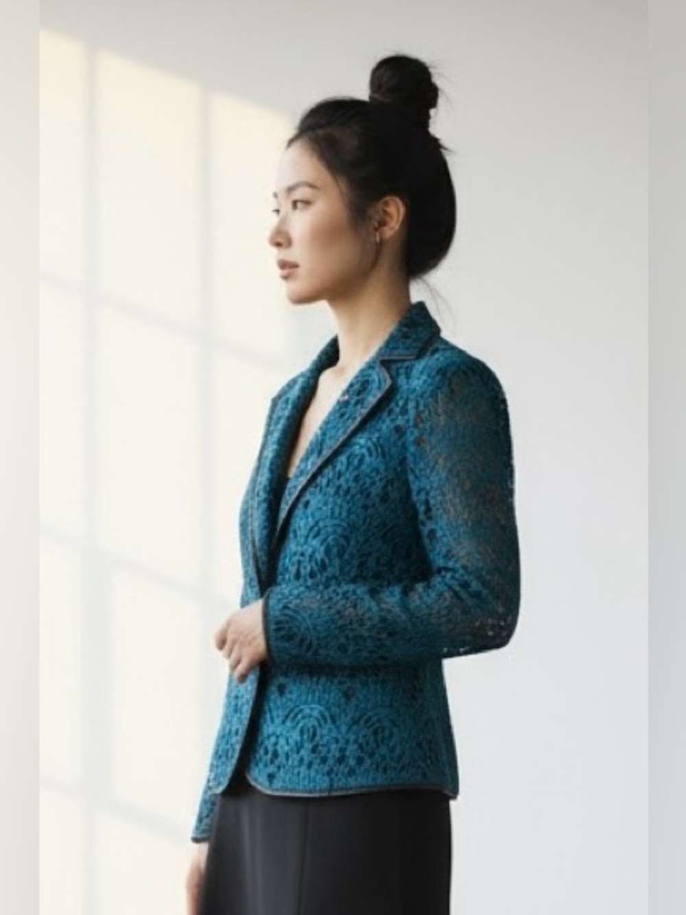 Nanette Lepore Teal Blue Lace Blazer Genuine Leather Trim Rosette Buttons Size 8